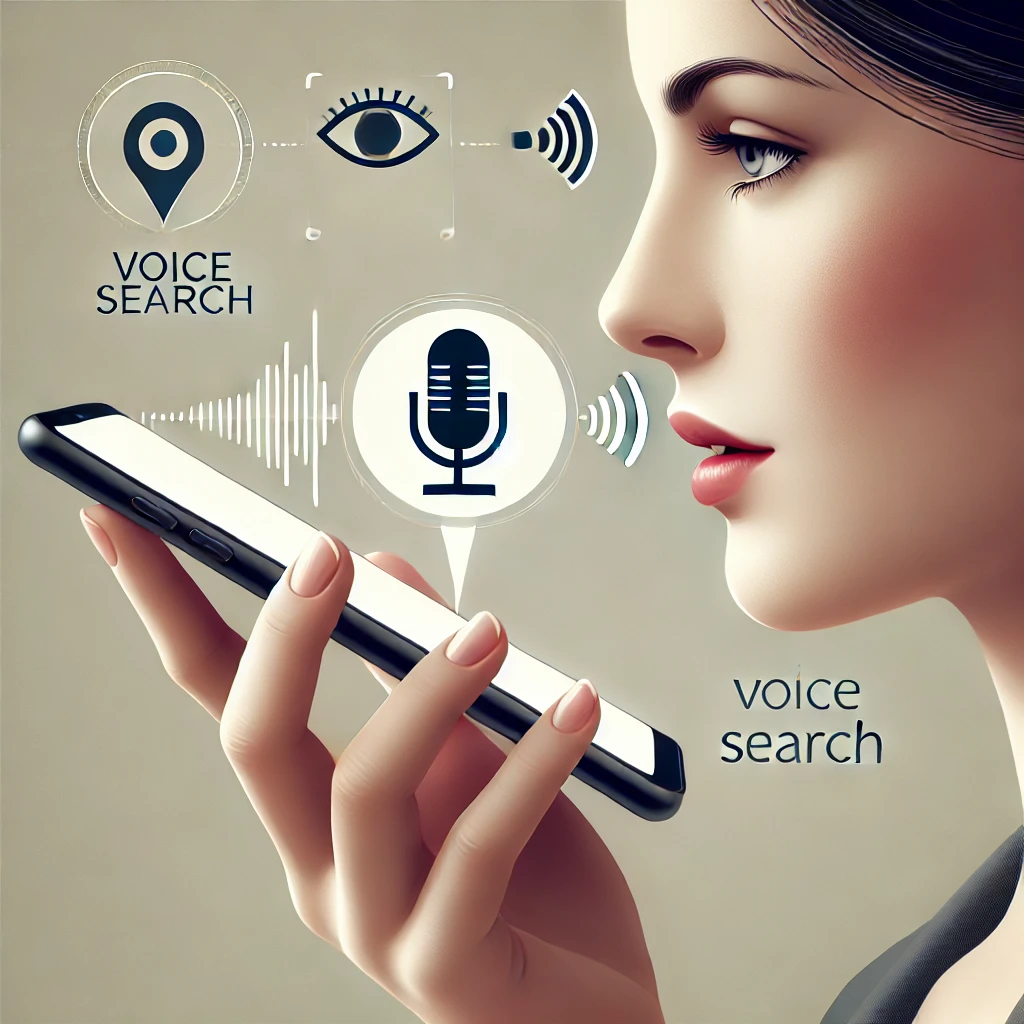 Graphic of a person using voice search on a mobile device.