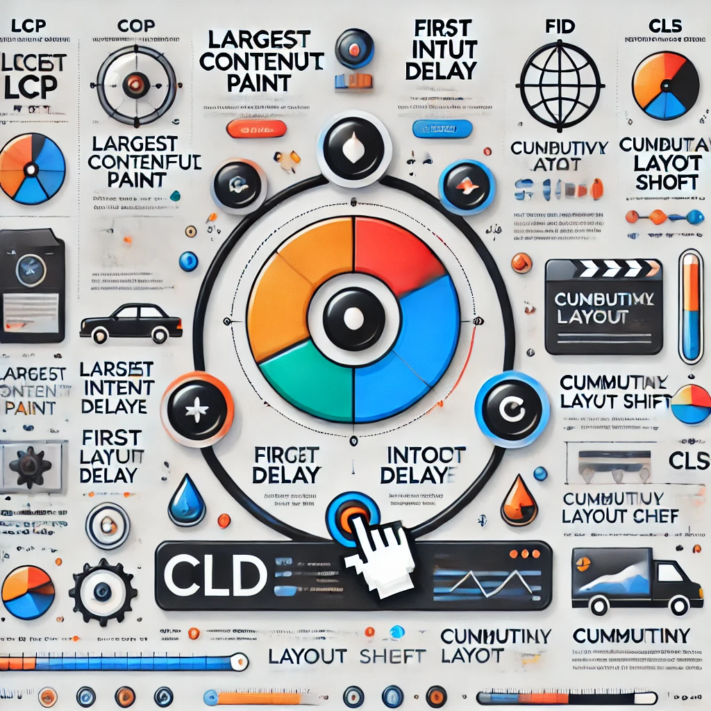 Diagram illustrating Core Web Vitals metrics including LCP, FID, and CLS.